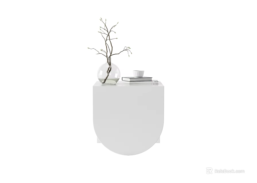 White Modern Bedside Table with Transparent Vase Branch Stack of Books and Cup 3d model 