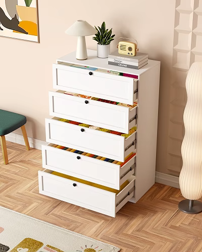 White Dresser with Multiple Drawers Colorful Items Inside and Books on Top in Interior 3d model