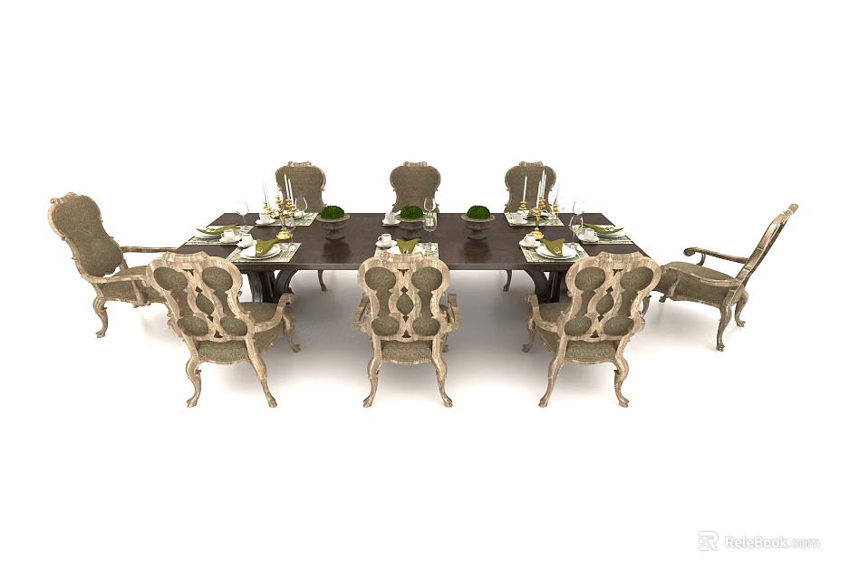 Classic Dining Table Set With Carved Chairs Dark Wood Tabletop Green Decor And Tableware 3d model 