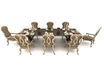 Classic Dining Table Set With Carved Chairs Dark Wood Tabletop Green Decor And Tableware 3d model