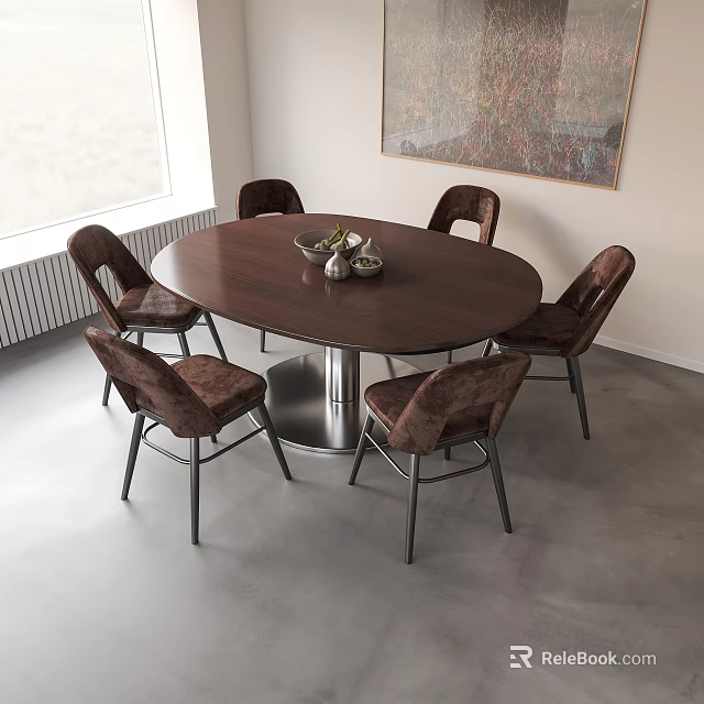 Modern Oval Dark Wooden Dining Table Set With Six Brown Metal Leg Chairs 3d model 