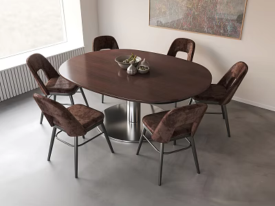 Modern Oval Dark Wooden Dining Table Set With Six Brown Metal Leg Chairs 3d model