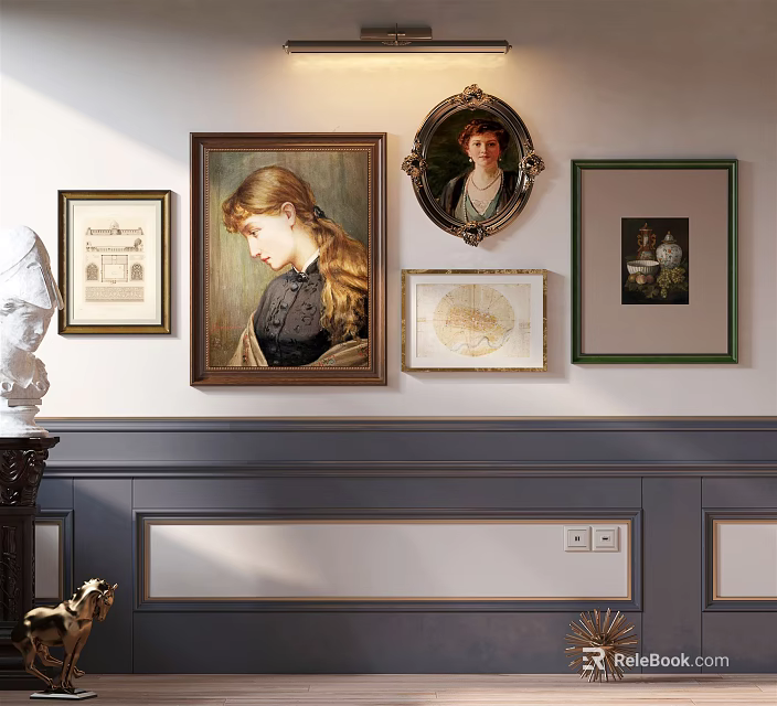 Framed Wall Art Collection With Portrait Map And Various Frames On Wainscoting Interior Wall 3d model