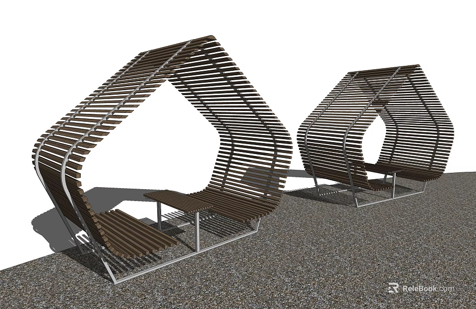 Modern Geometric Landscape Seats With Wooden Slats And Metal Frame Hollow Design Outdoor Gravel Ground 3d model 