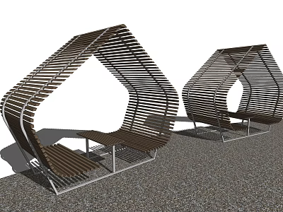 Modern Geometric Landscape Seats With Wooden Slats And Metal Frame Hollow Design Outdoor Gravel Ground 3d model