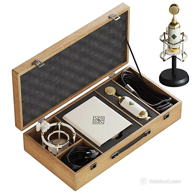 Premium Headphone Audio Kit with Wooden Case Microphone Stand Cables and White Device 3d model 