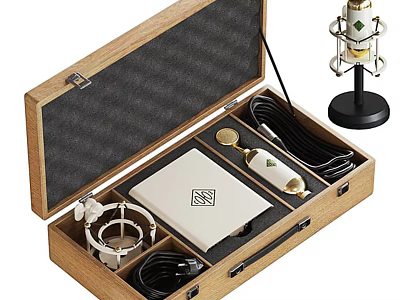 Premium Headphone Audio Kit with Wooden Case Microphone Stand Cables and White Device 3d model