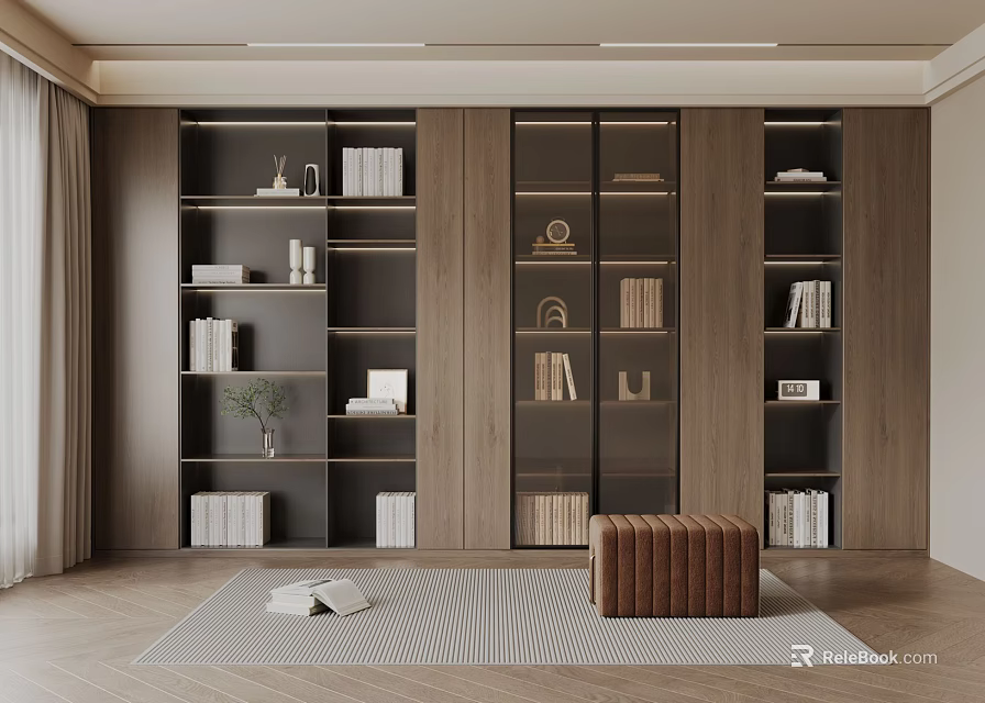 Modern Wooden Bookcase Interior Design With Glass Doors Shelves And Decorative Items 3d model 