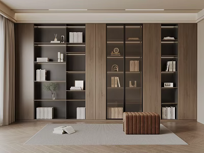 Modern Wooden Bookcase Interior Design With Glass Doors Shelves And Decorative Items 3d model