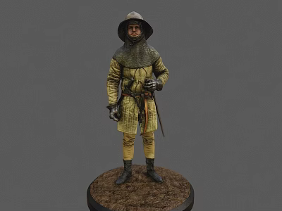 A Man In Yellow And Black Medieval Armor Wearing Helmet Standing On Base 3d model