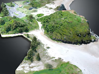 Lush Garden Landscape With Green Hills Trees Winding Paths Rocks And Sandy Shores 3d model