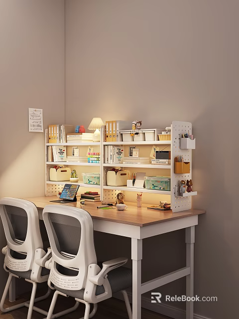 Modern Home Office Shelving Unit With Books Storage Boxes Desk Lamp And Stationery 3d model 