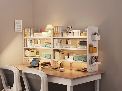Modern Home Office Shelving Unit With Books Storage Boxes Desk Lamp And Stationery 3d model