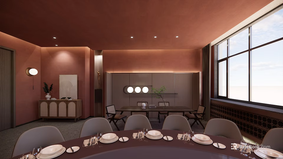 Elegant Private Dining Room Interior With Round Table Set Tableware And Comfortable Chairs 3d model 