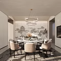Modern Chinese Private Dining Room With Round Table Chandelier And Landscape Painting