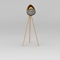 Tech Exhibition Hall Showcase Featuring Modern Wooden Tripod Lamp With Metal Lampshade