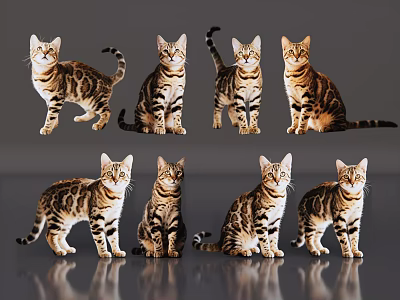 Eight Tiger Stripe Pattern Reptiles in Various Poses Against Gray Backdrop 3d model
