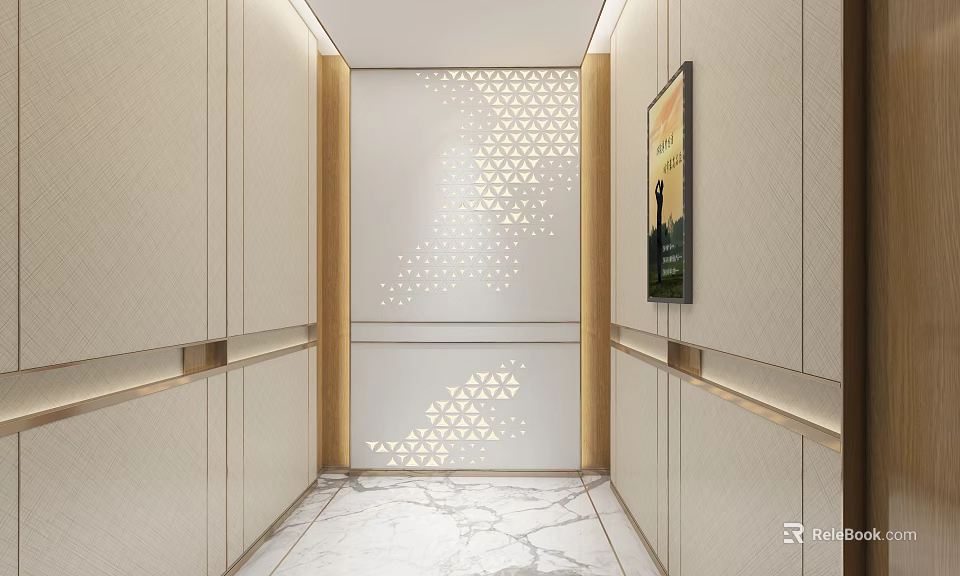 Modern Elevator Lobby Interior With Geometric Accent Wall And Marble Floor 3d model