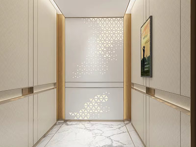 Modern Elevator Lobby Interior With Geometric Accent Wall And Marble Floor 3d model