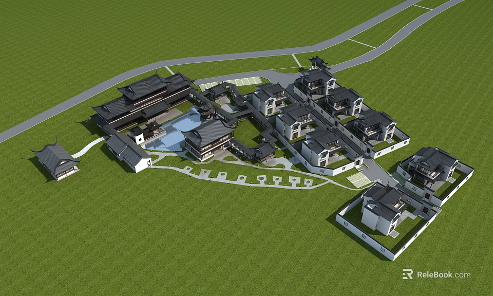 Traditional Ancient Chinese Architecture Complex With Courtyard Pond And Green Lawn Layout 3d model 