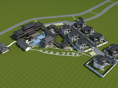 Traditional Ancient Chinese Architecture Complex With Courtyard Pond And Green Lawn Layout 3d model