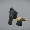 Black tactical handgun with brass bullets and magazine displayed on gray surface