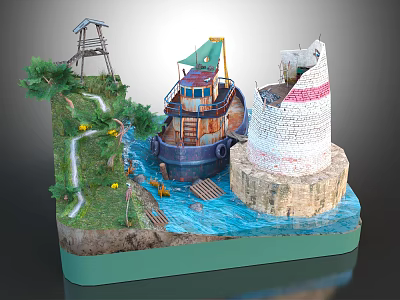 Detailed Miniature Architectural Model With Tower Boat Water Path And Plants 3d model