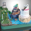 Detailed Miniature Architectural Model With Tower Boat Water Path And Plants