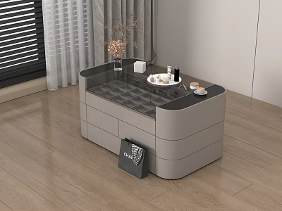 Modern Interior With Gray Island Cabinet Black Countertop Tray Cups Flower Vase And Magazine Holder 3d model