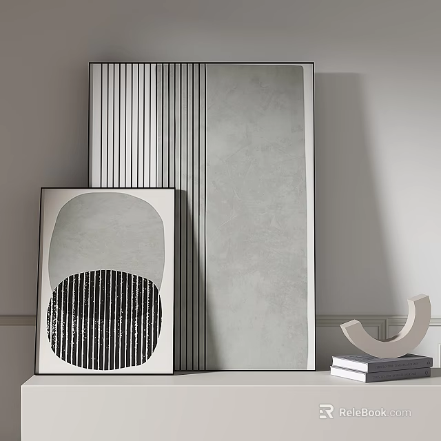 Modern Framed Artworks With Vertical Stripes Gray Background Curved Sculpture And Books 3d model 
