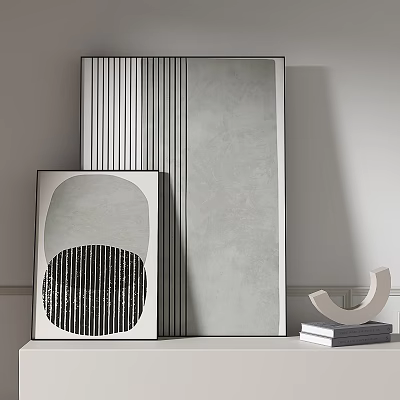 Modern Framed Artworks With Vertical Stripes Gray Background Curved Sculpture And Books 3d model
