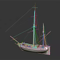 Wooden Sailing Ship Model With Multiple Masts Red Hull And Reflection On Gray Background 3d model