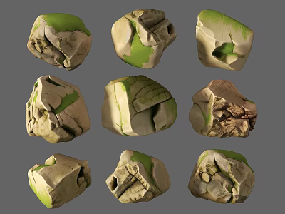 Rockery Stones With Green And Beige Textured Surfaces For Garden Decoration 3d model