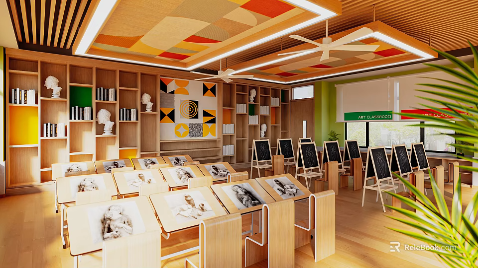 School Art Classroom With Wooden Desks Easels Bookshelves And Geometric Wall Decor 3d model 