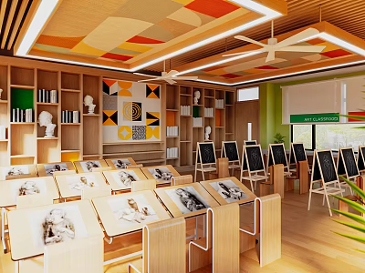 School Art Classroom With Wooden Desks Easels Bookshelves And Geometric Wall Decor 3d model
