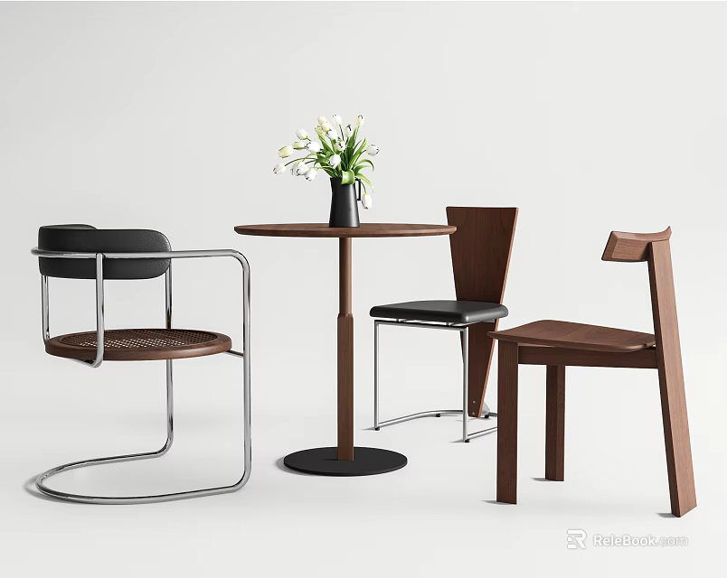 Modern Dining Table Chair Set Round Wooden Table Various Chairs Metal Frame Vase White Flowers 3d model 