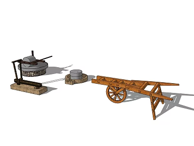 Industrial Equipment Including Stone Mill And Wooden Wheelbarrow For Industrial Use 3d model