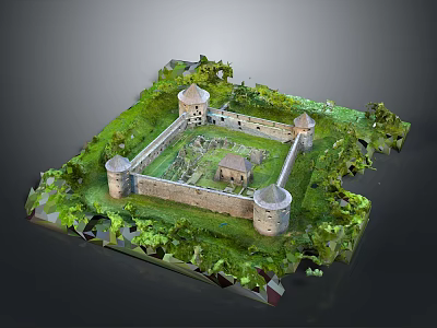 Detailed Medieval Fortress Model With Stone Walls Corner Towers And Central Courtyard 3d model