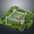 Detailed Medieval Fortress Model With Stone Walls Corner Towers And Central Courtyard