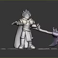 Man In Armor With Blue Hair Helmet Purple Cape And Purple Axe On Stone Ground