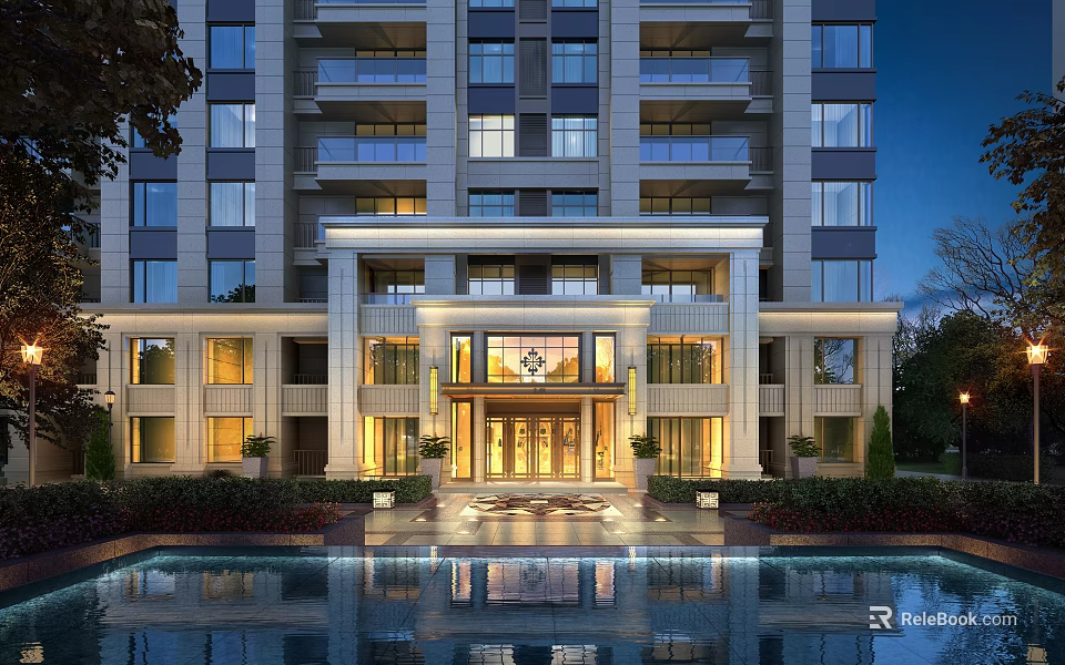 Luxury High Rise Residential Building Grand Entrance With Illuminated Water Pool And Landscaping 3d model 