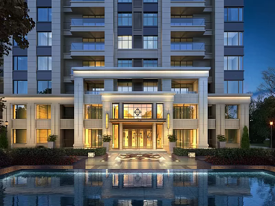 Luxury High Rise Residential Building Grand Entrance With Illuminated Water Pool And Landscaping 3d model