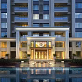 Luxury High Rise Residential Building Grand Entrance With Illuminated Water Pool And Landscaping
