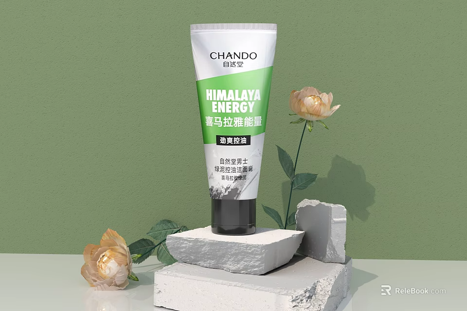 Chando Herbal Facial Cleanser With Himalaya Energy And Roses On White Stone Base 3d model 