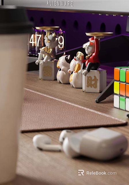 Elegant Modern Decorative Ornament Set With Cat Figurines Fortune Blocks Colorful Rubik's Cube 3d model 