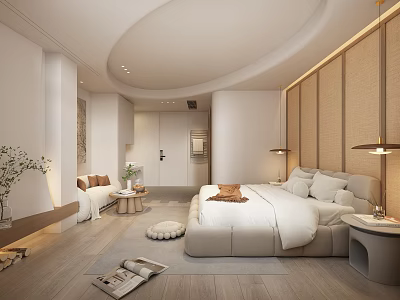 Minimalist Hotel Guest Room With Large Bed White Bedding Wooden Flooring And Soft Lighting 3d model