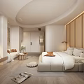Minimalist Hotel Guest Room With Large Bed White Bedding Wooden Flooring And Soft Lighting