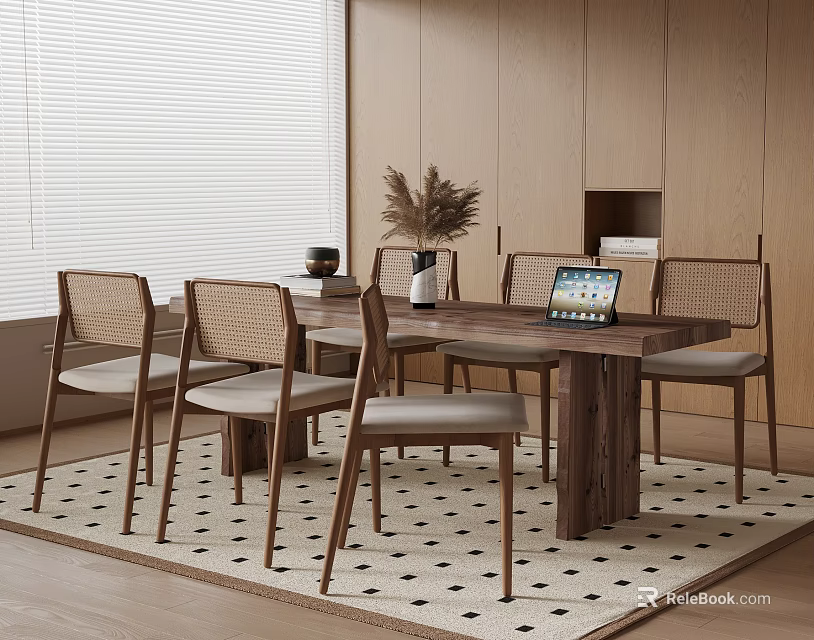Wooden Table And Chairs With Woven Back Gray Cushions Hay Decor Laptop Blinds Wooden Cabinets 3d model 