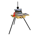 Yellow Tripod Table with Musical Instruments Art Supplies Easel Paint Tubes Brushes and Palette