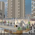 Modern Commercial Street with Tall Buildings Pedestrians and Green Plants